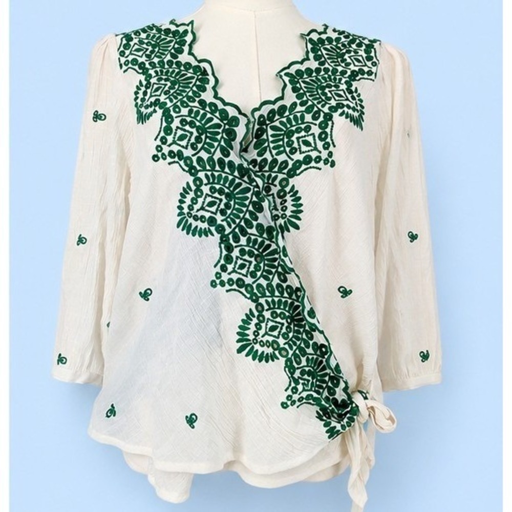 Hope Springs Blouse Women Large Ivory Green Embroidered Wrap Side Tie Layer Boho